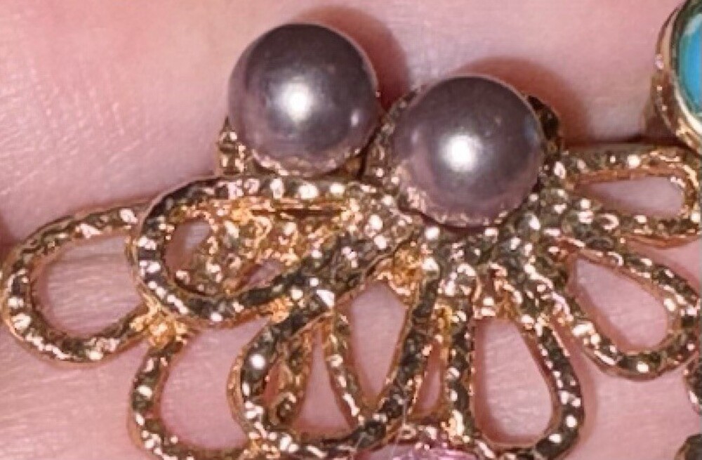 Gold Tone Openwork Bow Stud Earrings Gray Faux Pearl Statement Pair